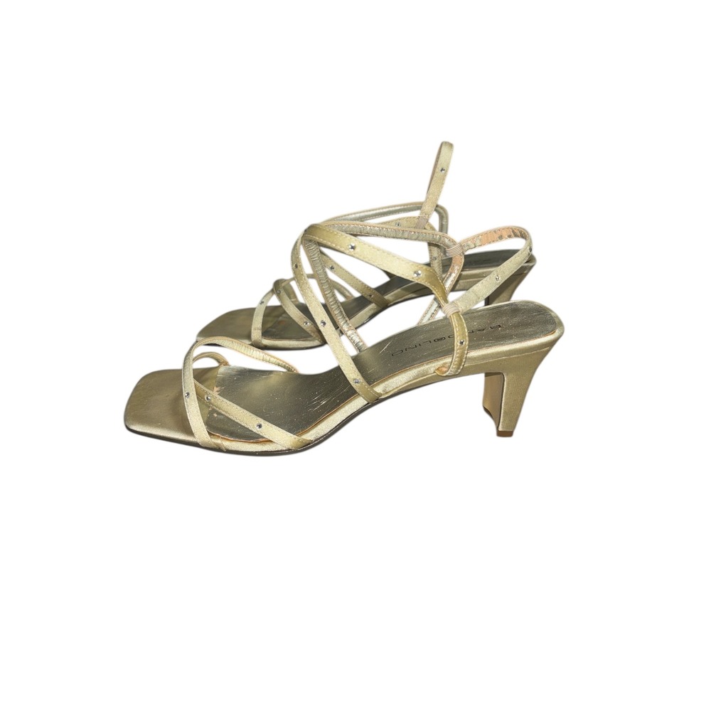 Y2K‎ Bandolino Women Gold Strappy Kitten Heel Sandals Embellished Square Toe